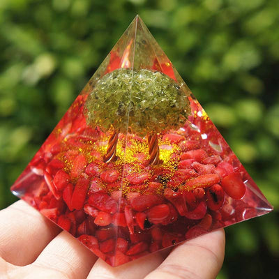 Olivenorma Peridot With Red Coral Tree Of Life Orgone Pyramid