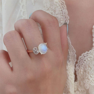 Olivenorma Three Diamonds Moonstone White Zircon Rose Gold Ring