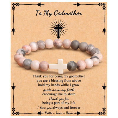 Olivenorma "To My Godmother" Natural Stone Beaded Cross Bracelet