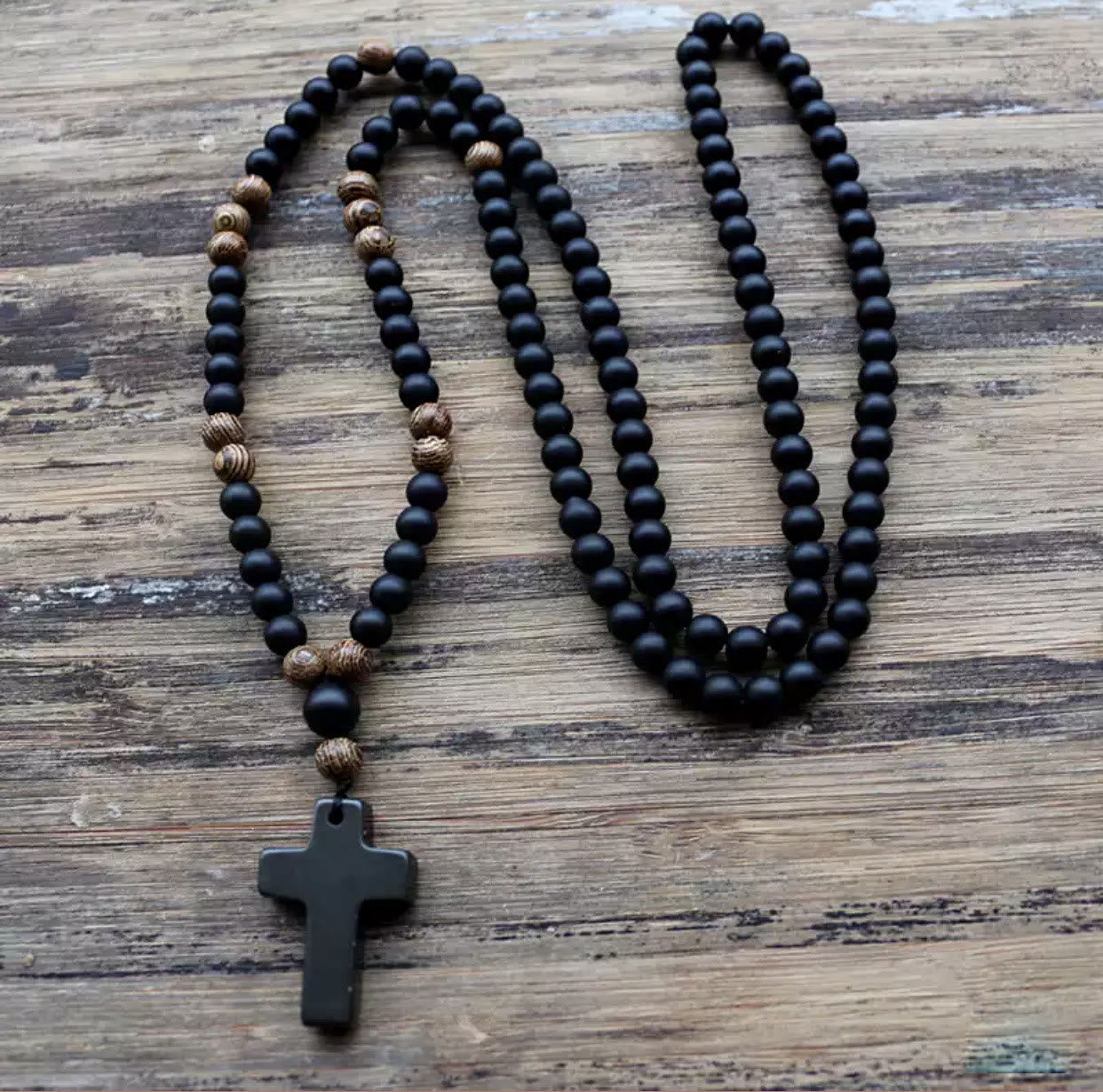 Olivenorma Wood Beads Stone Cross Pendant Rosary Necklace