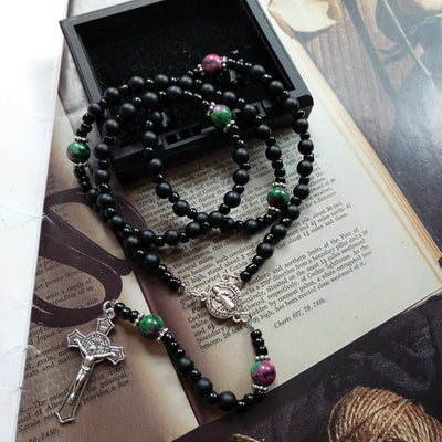 Olivenorma Black Onyx Ruby Zoisite Cross Rosary Necklace