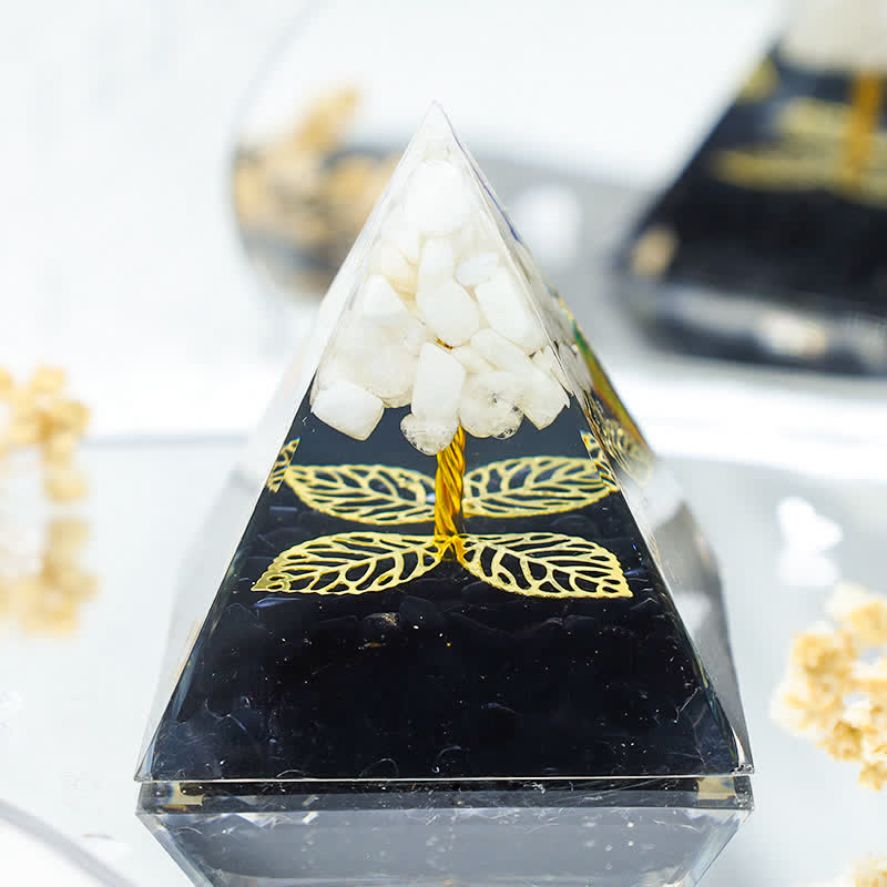 Olivenorma White Jade With Black Tourmaline Leaf Orgone Pyramid