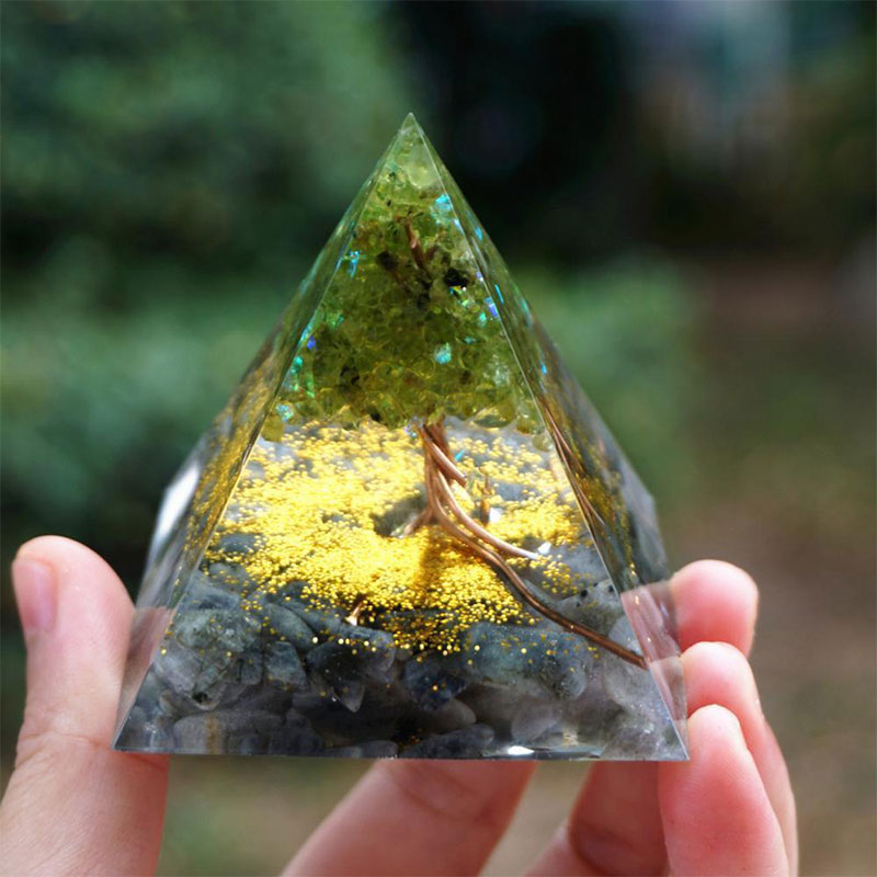 Olivenorma Tree of Life Peridot With Grey Moon Stone Orgone Pyramid