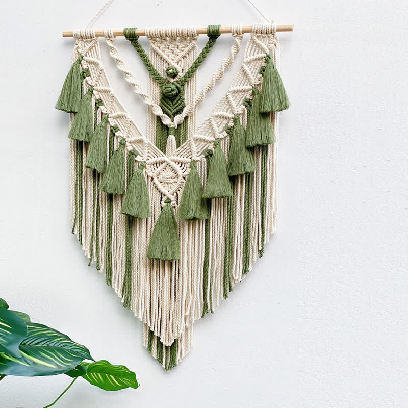 Olivenorma Khaki Green Handmade Weave Tassel Tapestry Wall Decor