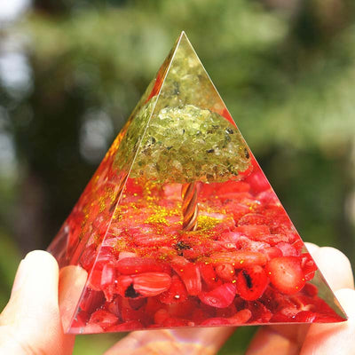 Olivenorma Peridot With Red Coral Tree Of Life Orgone Pyramid