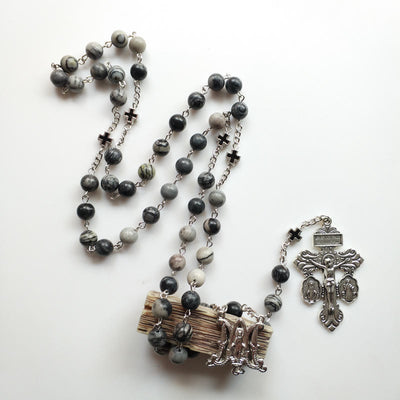 Olivenorma Black Network Agate Holy Mother Cross Rosary Necklace