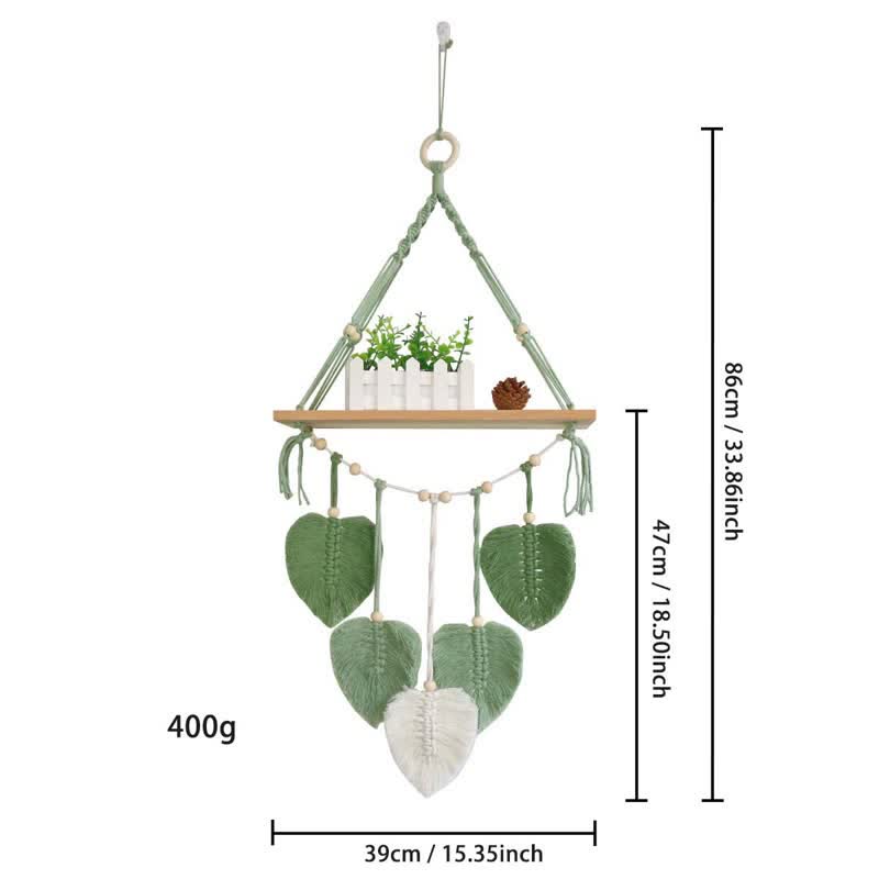 Olivenorma Weave Green Leaves Macrame Wood Shelf Wall Decor