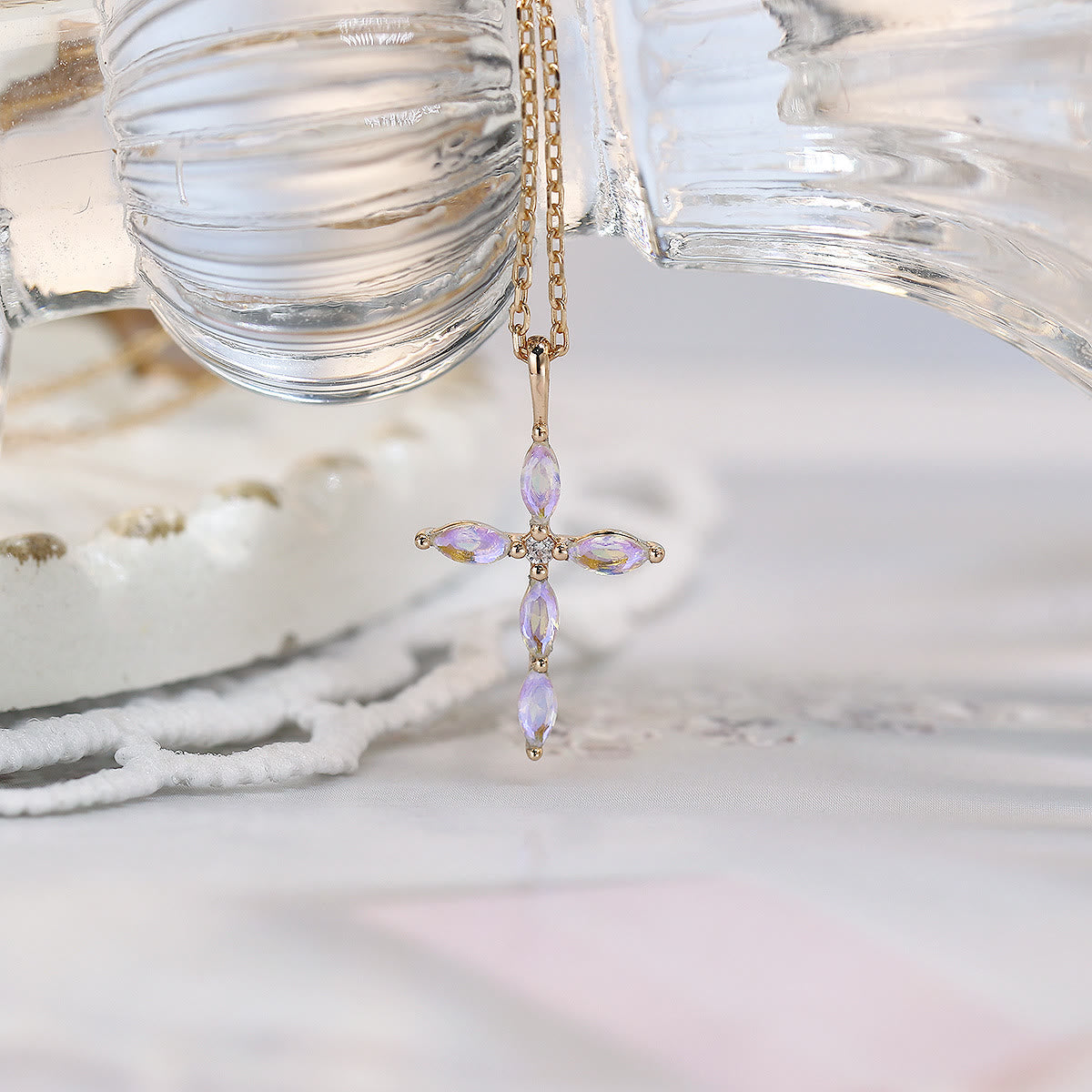 Olivenorma Artificial Opal Moonstone Cross Pendant Necklace