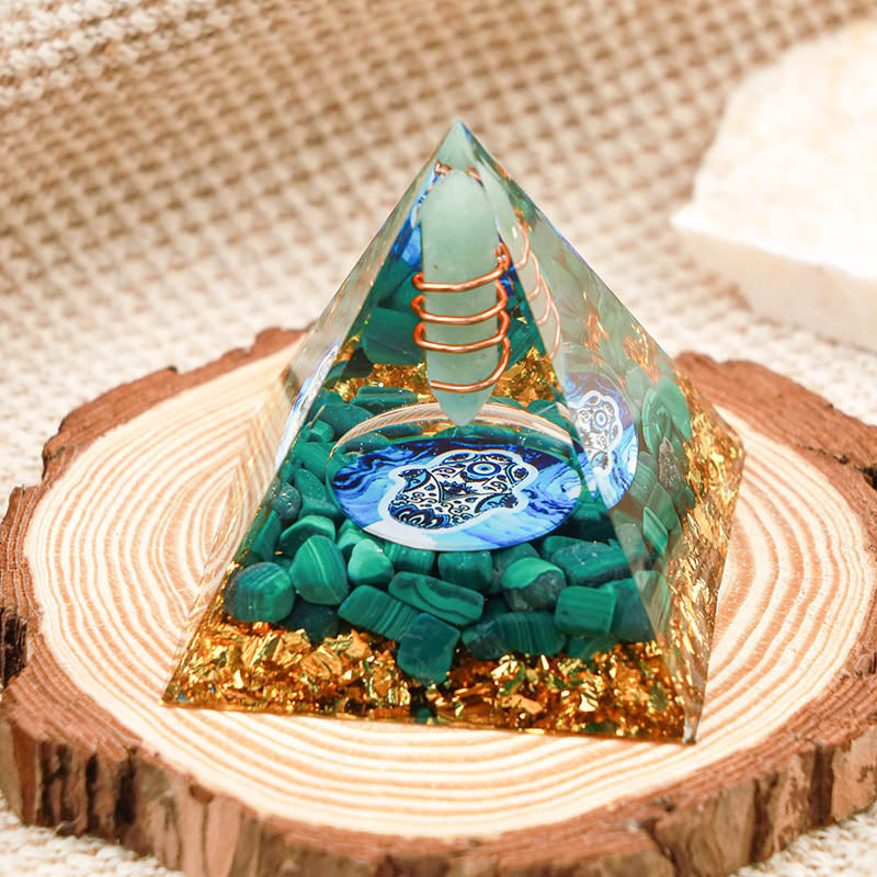 Olivenorma Green Aventurine With Malachite Hamsa Orgone Pyramid