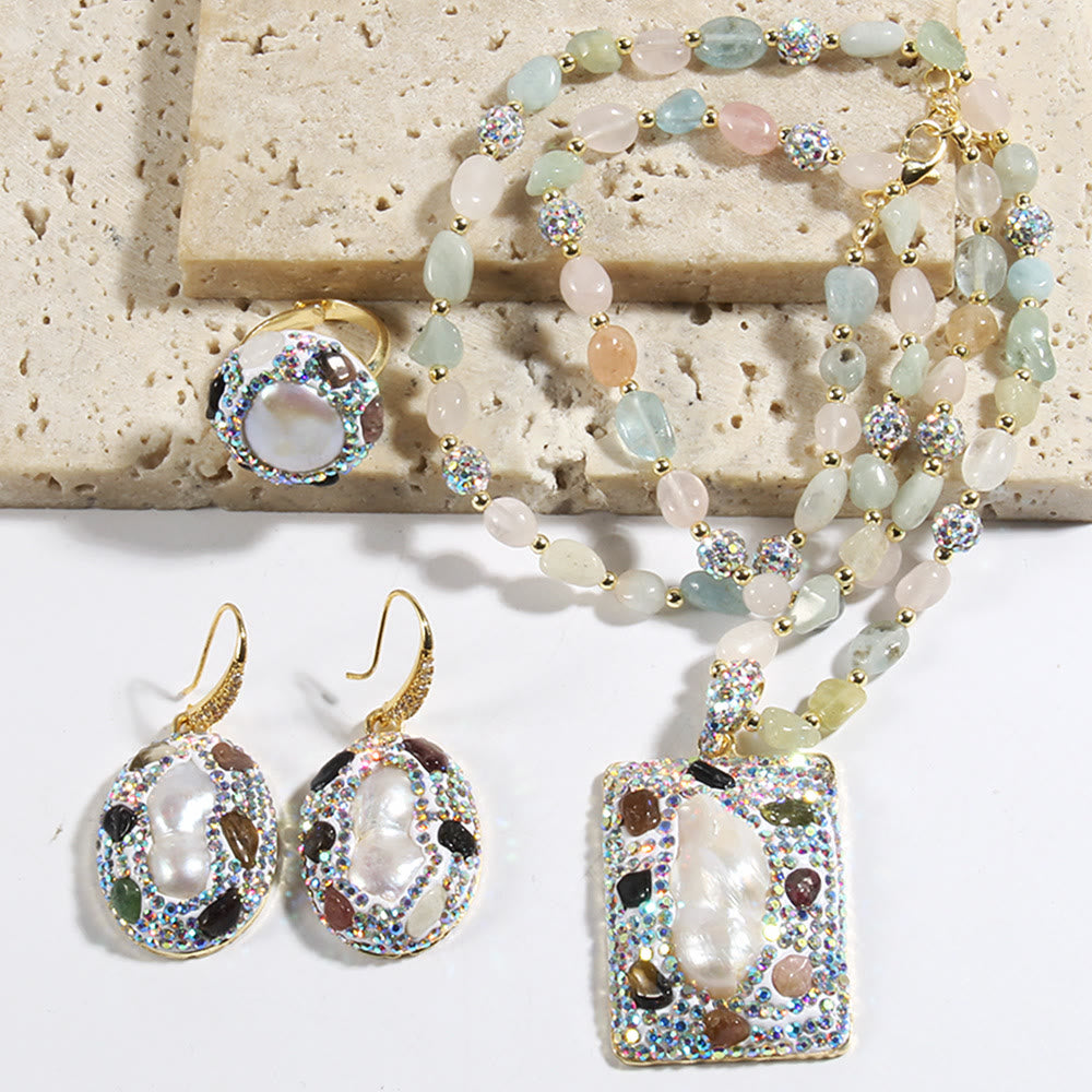 Olivenorma Morganite Tourmaline Freshwater Pearl Jewelry Set