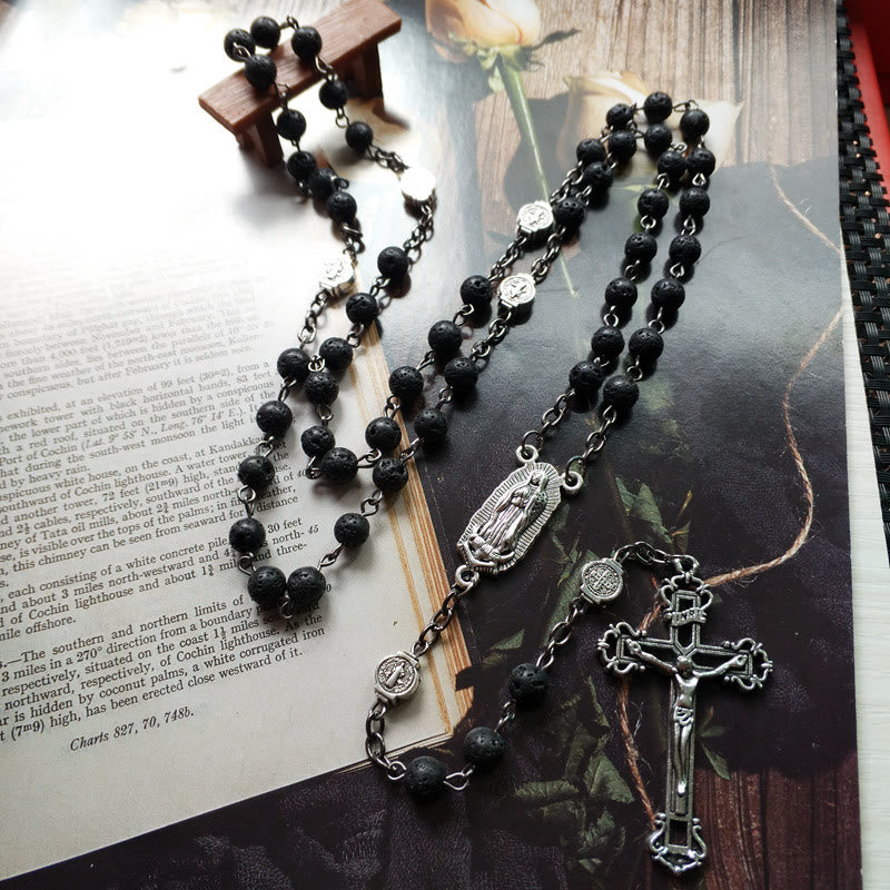 Olivenorma Lava Stone Catholic Cross Pendant Rosary Necklace