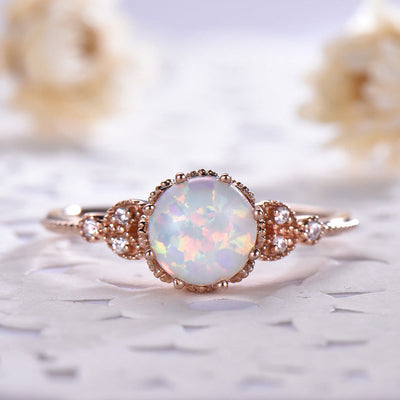 Olivenorma Round Moonstone Opal White Zircon Ring