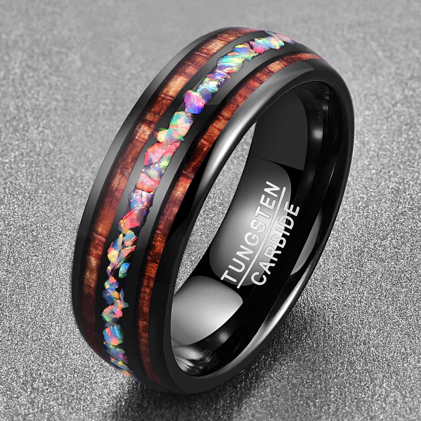 Olivenorma Labradorite Koa Wood 8mm Black Tungsten Carbide Ring