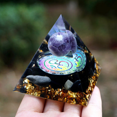 Olivenorma Natural Amethyst With Obsidian OM Symbol Orgone Pyramid