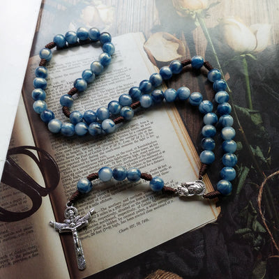 Olivenorma Blue Cat's Eye Stone Jesus Cross Rosary Necklace