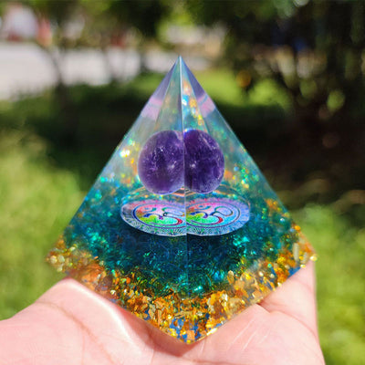 Olivenorma Blue Quartz With Amethyst Ball OM Orgone Pyramid