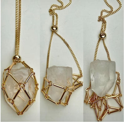 Olivenorma Crystal Raw Stone Metal Mesh StonePouch Pendant Necklace