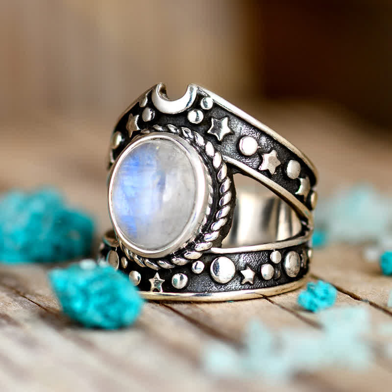 Olivenorma Bohemia Retro Moonstone Moon Star Ring