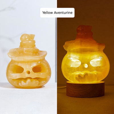 Olivenorma Yellow Aventurine Pumpkin Skull Carving Gemstone Decoration Lamp