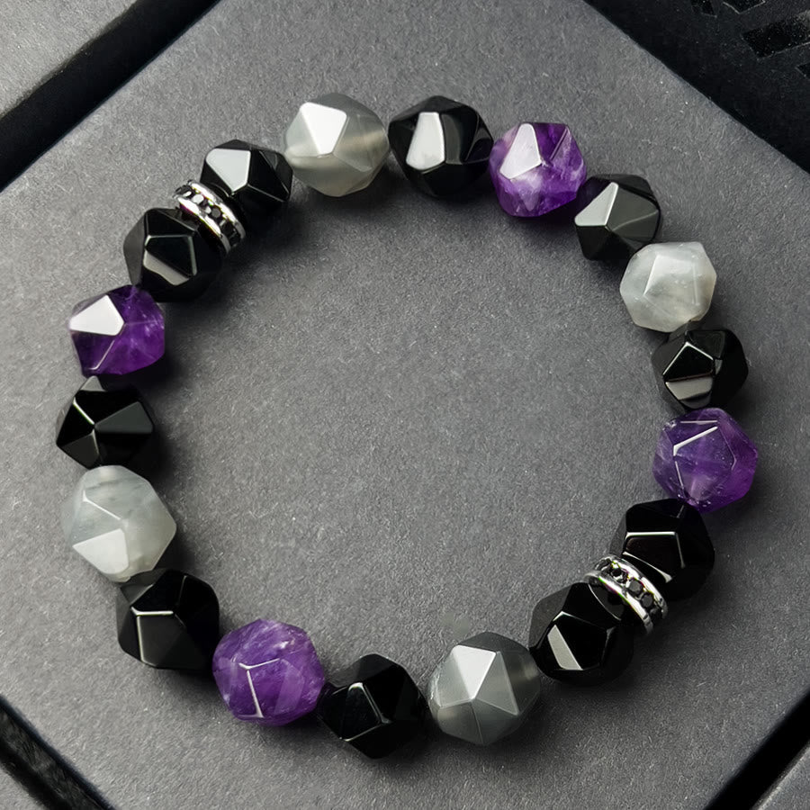 Olivenorma Men Geometric Facets Amethyst Cloud Quartz Beads Bracelet