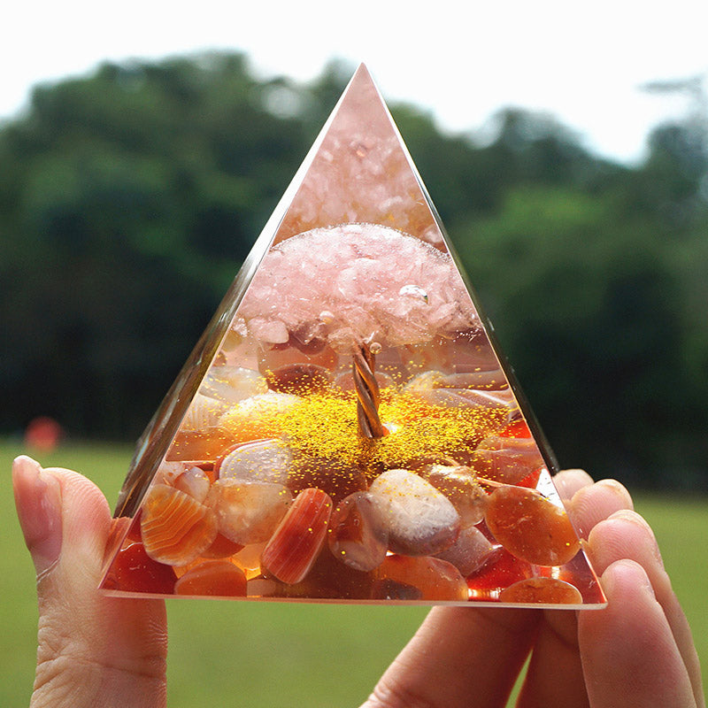 Olivenorma Rose Quartz With Red Agate Tree Of Life Orgone Pyramid