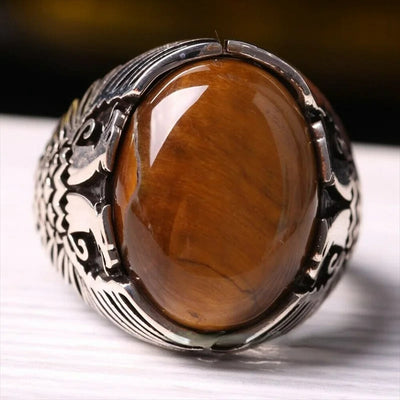 Olivenorma Tiger Eye Side Engraved Eagle Mens Ring