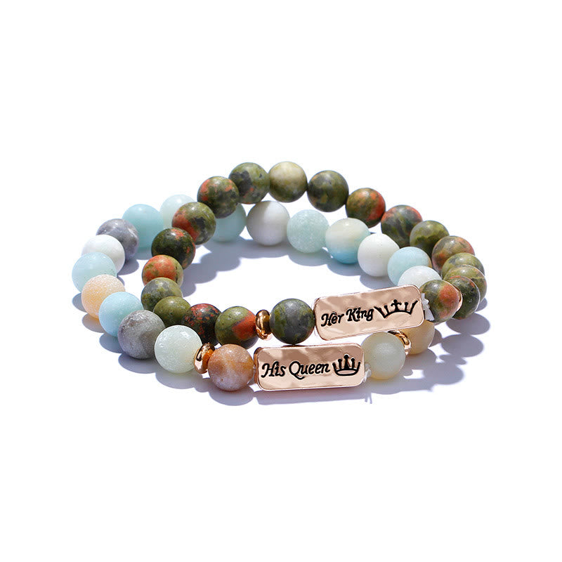 Olivenorma Natural Gemstone Her King /His Queen 2 Piece Engraving Bracelet