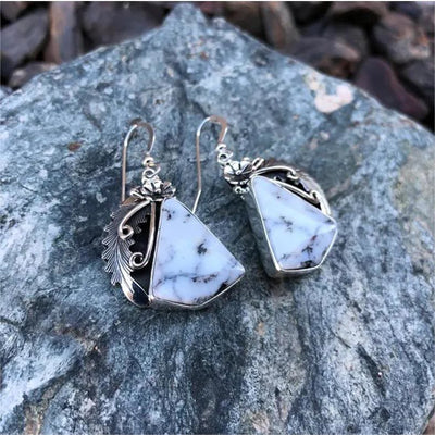 Olivenorma White Turquoise Silver Carved Feather Earrings