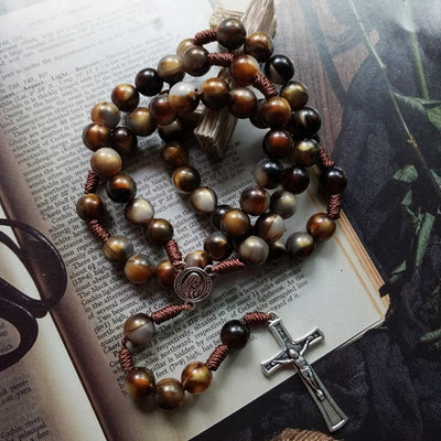 Olivenorma 10mm Agate Beads Jesus Cross Pendant Rosary Necklace