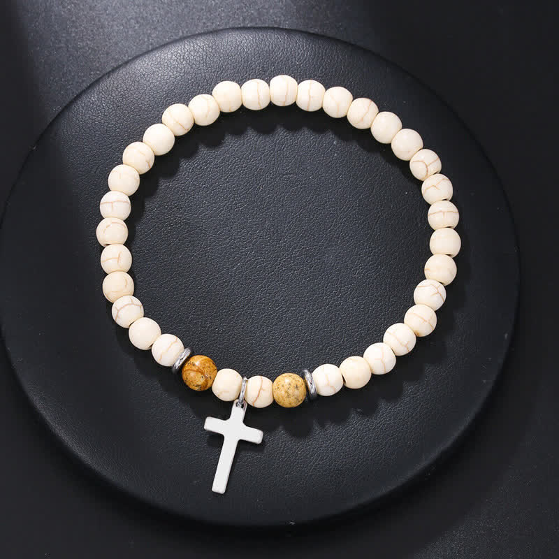 Olivenorma Mens Bohemian Natural Stone Beaded Cross Bracelet