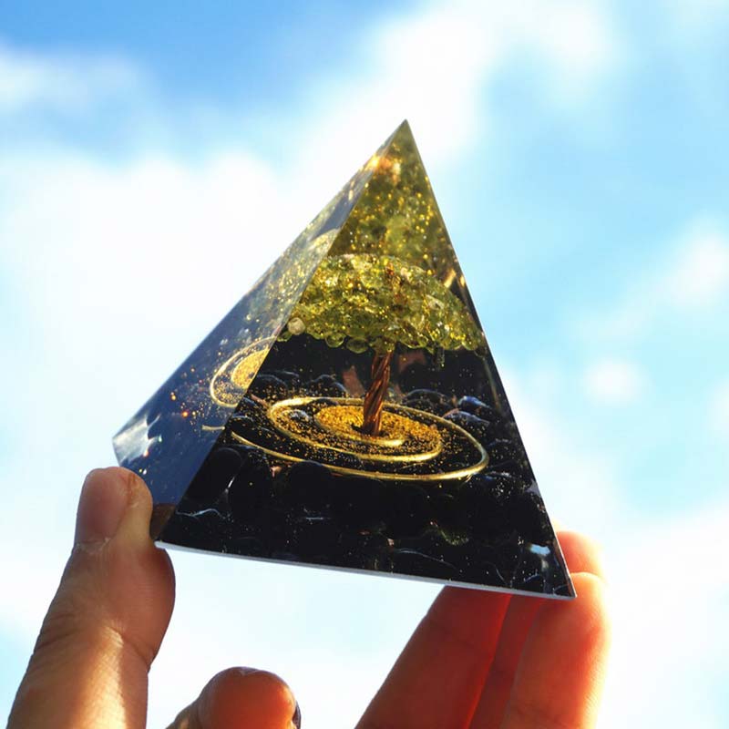 Olivenorma Peridot With Obsidian Tree Of Life Reiki Orgone Pyramid