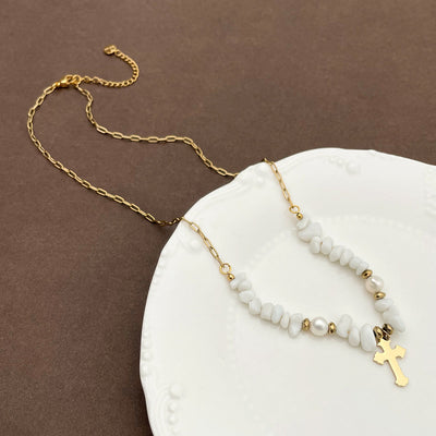 Olivenorma Hand Beaded Gravel Cross Irregular White Jade Necklace