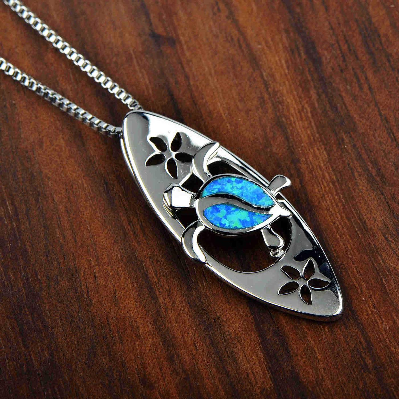 Olivenorma Blue Opal Surfboard Turtle Pendant Necklace