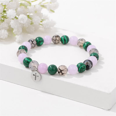 Olivenorma 8mm Natural Stone Beaded Cross Pendant Bracelet