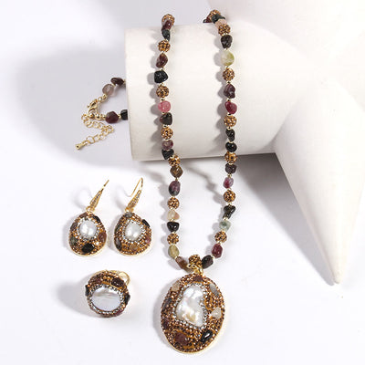 Olivenorma Morganite Tourmaline Freshwater Pearl Jewelry Set