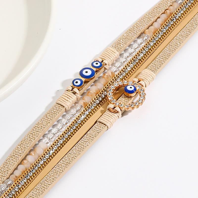 Olivenorma White Zircon Boho Evil Eye Metal Wide Leather Bracelet