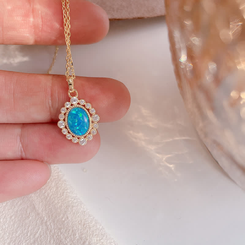 Olivenorma Blue Opal Oval Engraved Pendant Necklace