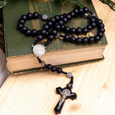 Olivenorma Madonna Cross Black Onyx Rosary Necklace