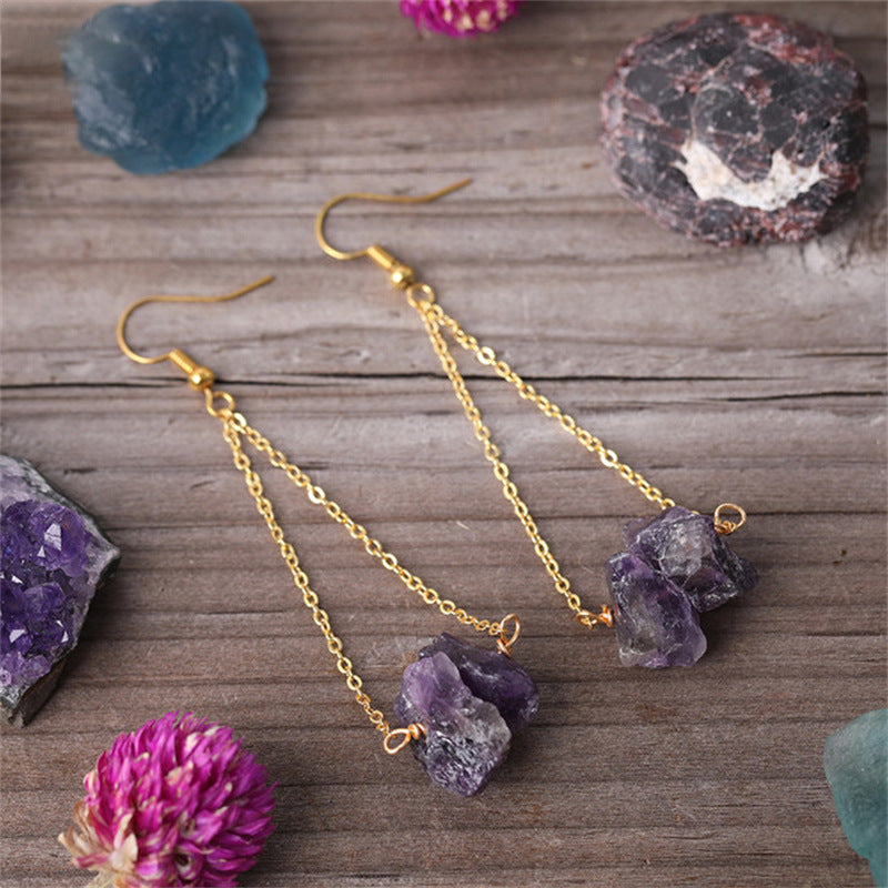 Olivenorma Natural Quartz Gravel Gold Chain Dangle Earrings