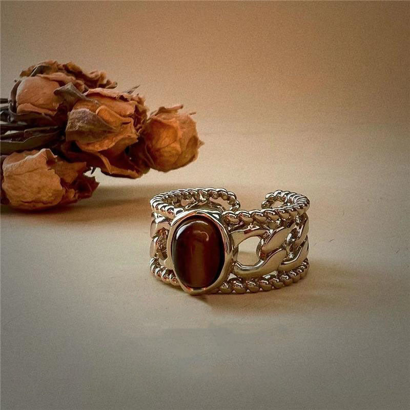 Olivenorma Tiger Eye Adjustable Silver Plated Copper Ring