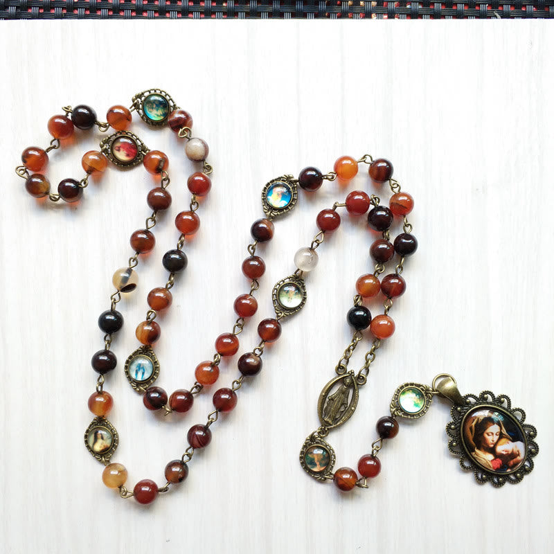 Olivenorma Agate Lady Holy Medal Pendant Rosary Necklace