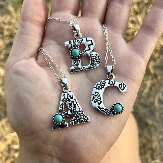 Olivenorma Natural Turquoise Stamped Initial Necklace