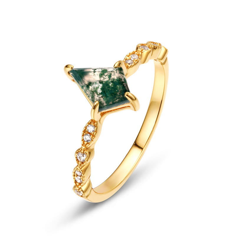 Olivenorma Diamond Moss Agate White Zircon Four Prong Ring