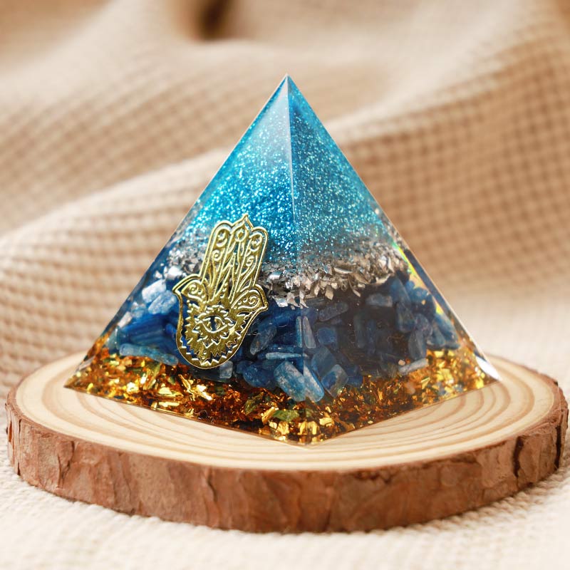 Olivenorma Kyanite With Hamsa Protection Orgone Pyramid