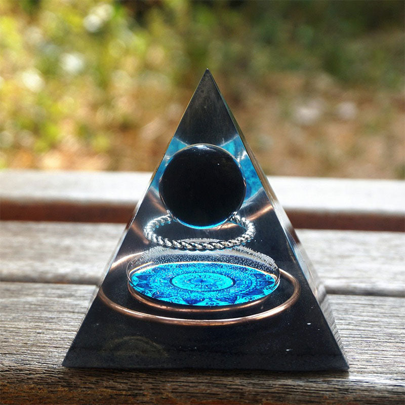 Olivenorma Obsidian Crystal Sphere With Copper Circle Orgone Pyramid