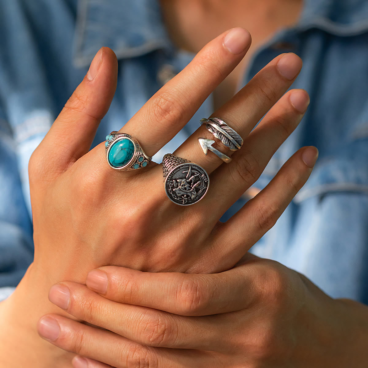 Olivenorma Turquoise Silver Arrow Feather Skull Ring Set