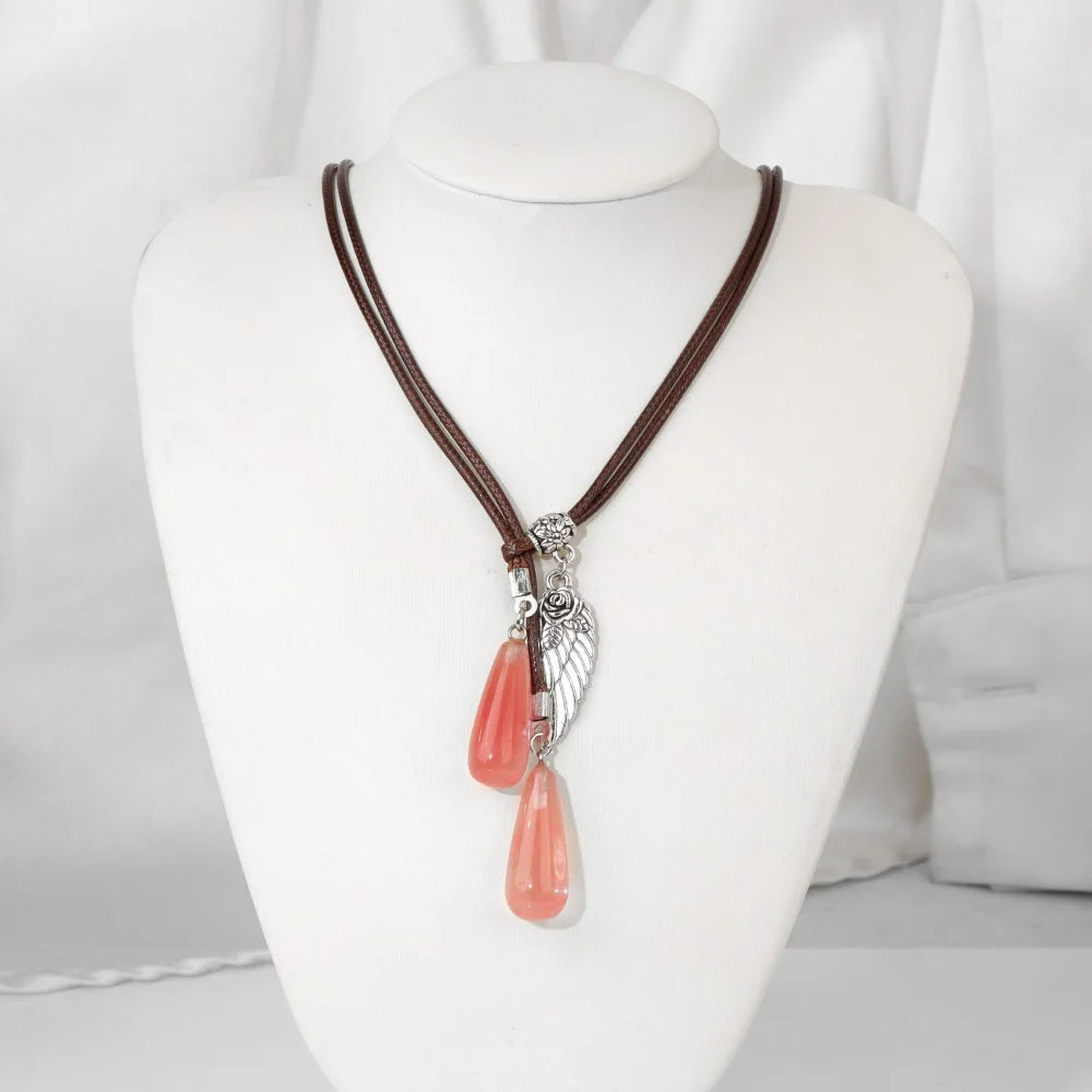 Olivenorma Leather Rope Wings Natural Stone Drop Pendant Necklace