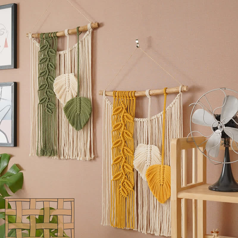 Olivenorma Handwoven Yellow Green Leaves Tassel Wall Decor