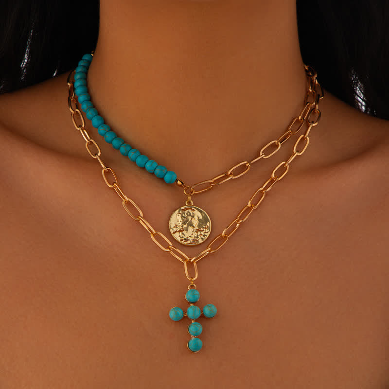 Olivenorma Natural Turquoise Exaggerated Cross Pendant Necklace Set