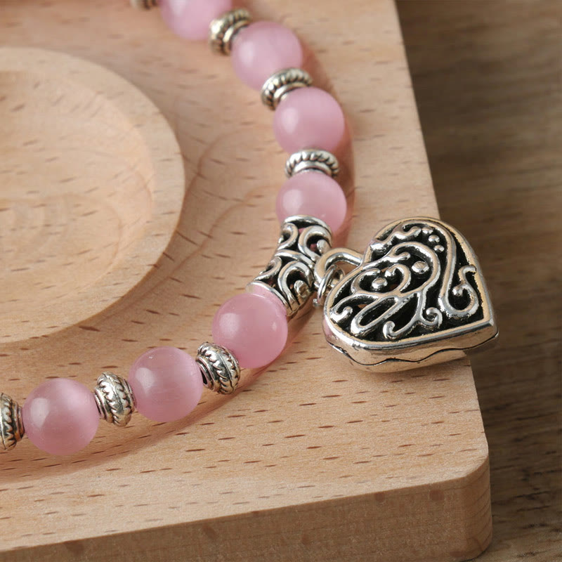 Olivenorma Hollow Love Pendant Pink Cat's Eye Bracelet